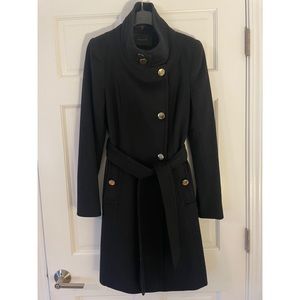 Tahari Izzy Black Funnel Collar Belted Wool Coat Size 6